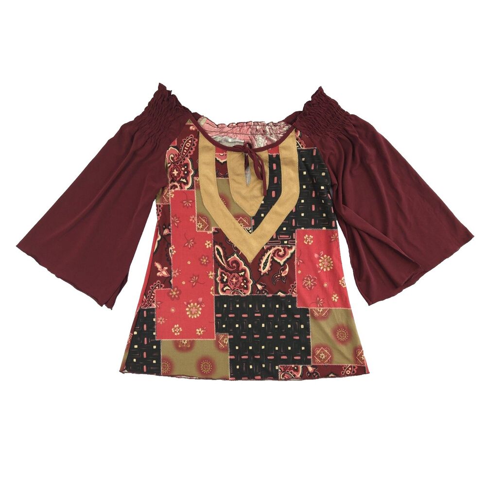 Y2K Patchwork Flared Sleeve Top S/M Boho Cottagecore Fairy Festival Hippie